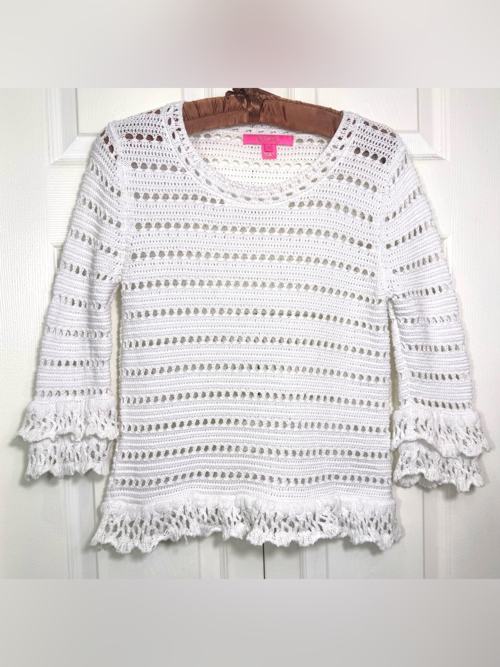 LILLY PULITZER Irina Sweater Resort White Crochet Knit Ruffle Sleeve Pullover S